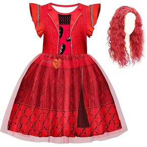 Girls Dress Red Rise Dress with Wigs for Kids Movie Halloween Birthday Parties 5-12Y