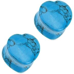 Pair (2PCS) BLUE HOWLITE TURQUOISE HEART STONE PLUGS Double Flare Gauges Ear Tunnels 9244