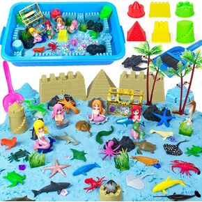 QUANA Sensory Play Sand Kit Toys - Sandbox Play Sand Set Sensory Bins Magic Sand, Unicorns, Castle Moulds, Mermaid, Tools, Sand Art Kit for Girls Ages 3 4 5 6 7 8 Christmas Birthday Gifts