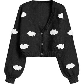 SHENHE Women's Cloud Print Button Down Sweaters V Neck Long Sleeve Crop Cardigan Top