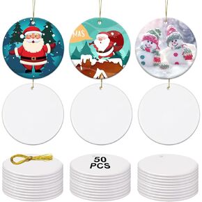 50PCS Sublimation Ceramic Ornament Blanks, 3" Round Ceramic Ornaments Bulk Set DIY Pendants with Ribbon for Crafts Heat Transfer Print Christmas Halloween Ornaments Supplies Decor
