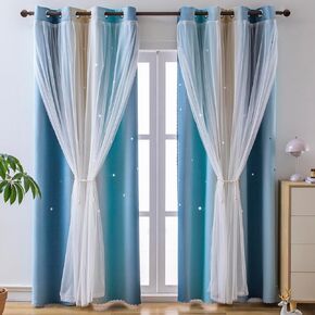 indistar Star Blackout Curtains for Girls Kids Bedroom, Colourful Stripe Window Curtain Panels, 2 Layer Lace Drapes, Room Darkening Curtain for Living Room Decor, 1 Panel（Blue W52 x L95 inch）