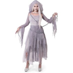 Spooktacular Creations Women Haunting Beauty Dress Ghost Costume with Plastic Chain, Hooded Cape for Adult