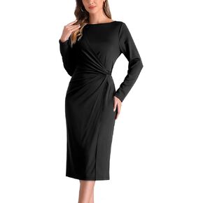 Allegra K Wear to Work Sheath Dress for Women's Long Sleeve Wrap Ruched Waist Boat Neck Church Midi Dress