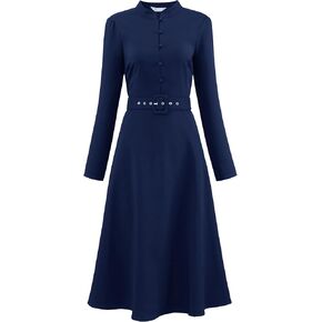 Women's Long Sleeve Flare Dress Mock Neck Belted Vintage Church A-Line Dresses