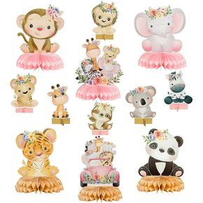 12Pcs Floral Safari Animals Party Honeycomb Centerpieces, Pink Jungle Animals Baby Shower Party Decorations Wild Animal Theme Party Table Toppers Decor for Girls Wild One Birthday Party Photo Props