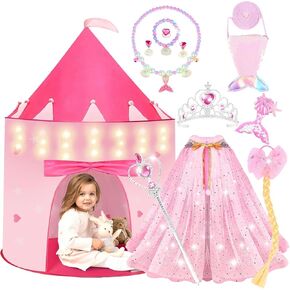 13 Pcs Princess Castle Play Tent with LED Star Lights - Princess Dress-Up Set with Crown for Little Girls - Princess Toy Tent - Indoor and Outdoor Girls Castle Playhouse Tent - Rainbow