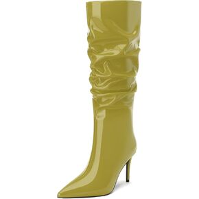 MERRORI Knee High Boots for Women Pointed Toe 3.4-Inch Stiletto High Heel Boots Slouchy Patent Pull On Fashion Fall Long Heeled Boots