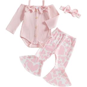 ZAXARRA Toddler Baby Girls Holiday Outfits Solid Color Ruffle Rompers Tops FlowerPumpkin Print Flare Pants Clothing Sets