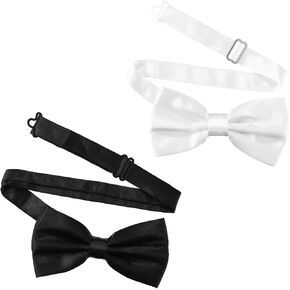 2pcs Adjustable Men's Bow Tie, Solid Color Double Fold Pre-Tied Bowtie Suitable for Dinner Wedding Party Business Dancing Party (White, Black)