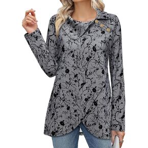 Bebonnie Women's Long Sleeve Lapel Neck Lightweight Sweatshirt Pullover Tunic Tops with Buttons