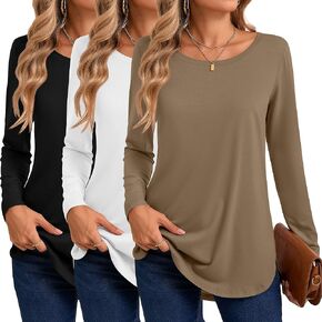 3 Pack Women's Long Sleeve T Shirts, Crewneck Side Split Tops, Round Hem Pullover Shirts, Loose Casual Tunic Tops in Kuwait