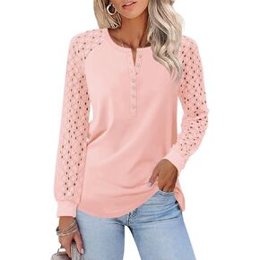 Minetom Women's Lace Long Sleeve Tops Henley Shirts Casual Blouses T Shirts Fall Clothes