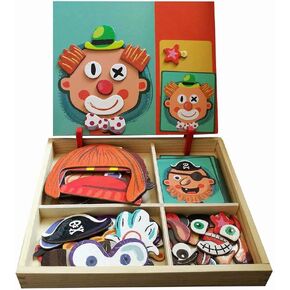 Wooden Magnetic Jigsaw Puzzles Toy, Toddler Craft Toys Educational Travel Puzzle Games Double Sided Drawing Easel for Boys and Girls
