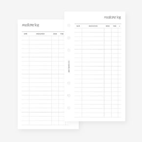 Personal Medicine Log Planner Insert Agenda Refill for Filofax Personal, LV MM sized 6 ring agendas, 3.75 x 6.75