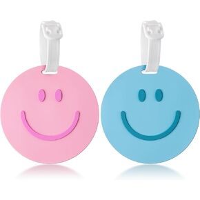 Preppy Smile Luggage Tags - 2 Happy Smile Face Luggage Tags for Suitcases, Round Funny Face Silicone Baggage Backpack Tags Travel Personalized with Name ID Card Luggage Tags for Girls Women