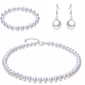 Rakumi Sterling silver 8mm Black Seashell Pearl Necklace Bracelet and Earrings Set for Women