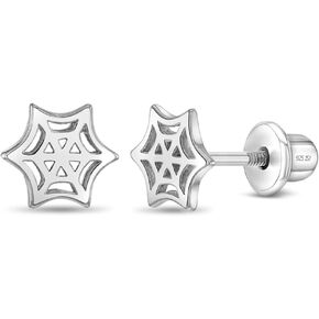 925 Sterling Silver Polished Tangled Spiderweb Safety Screw Back Earrings For Little Girls - Children's Spiderweb Earrings For Children - Little Girls Web Earrings