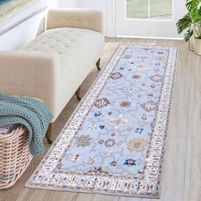 Washable Hallway Runner Rug 2x6 Blue, Non Slip Kitchen Rug, Soft Boho Bedroom Runner, Low Pile Vintage Print Carpet Runners for Entryway Bathroom Laundry Room