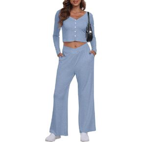 ملابس YUNDAI النسائية المكونة من قطعتين ورقبة على شكل حرف V كاجوال للخريف وأكمام طويلة وبنطلون مع جيب in Kuwait