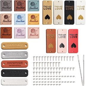 Coopay 50pcs Handmade Leather Labels, Leather Tags for Handmade Items 3 Style Leather Labels with Rivets, Handmade Labels with Holes for DIY Knit Jeans, Hats, Scarves