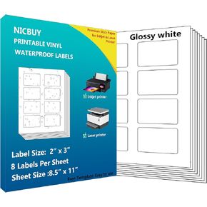 120 Labels 3x2 inch Bottle Labels Printable Glossy White Waterproof Vinyl Sticker Labels for Inkjet or Laser Printer