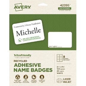 Avery EcoFriendly Recycled Name Tags, 2-1/3" x 3-3/8", White, Removable Adhesive, 400 Printable Name Badges (45395)