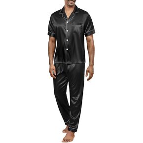 IFFEI Men's Silk Pajamas 2 Piece Short Sleeve Button Down Top and Pants Matching Pj's Set with Pockets