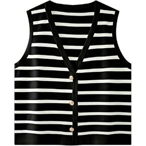 Womens Casual Striped Sleeveless Sweater Vest V Neck Knitted Button Tank Top