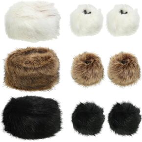 Liitrsh 3 Pcs Women's Faux Fur Hat and 3 Pairs Wrist Cuffs Russian Style Warm Cap Furry Bands Arm Warmer for Gift Daily Wear