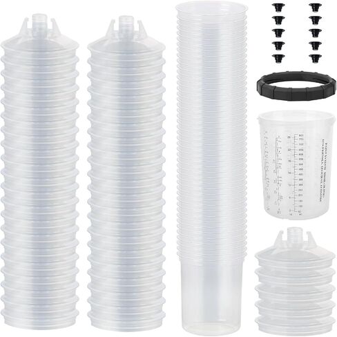 Disposable Paint Sprayer Mixing Cup Kit with 125 Mic 27 Ounce (800ml) Kit 45 Cup Liners,45 Lids, 1 Hard Cup,1 Retainer Ring and 10 Plugs in Saudi Arabia