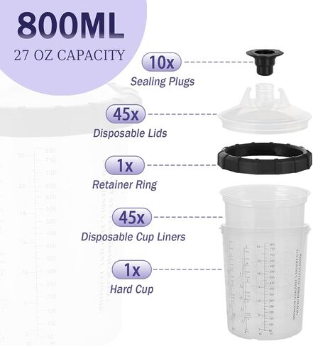 Disposable Paint Sprayer Mixing Cup Kit with 125 Mic 27 Ounce (800ml) Kit 45 Cup Liners,45 Lids, 1 Hard Cup,1 Retainer Ring and 10 Plugs in Saudi Arabia