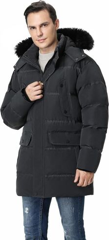 Pooluly Men's Winter Coat with Detachable Hood Heavyweight Long Down Jacket Warm Puffer Parka Jacket in Kuwait