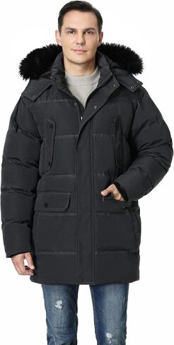 Pooluly Men's Winter Coat with Detachable Hood Heavyweight Long Down Jacket Warm Puffer Parka Jacket in Kuwait