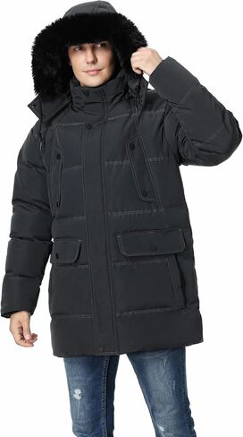 Pooluly Men's Winter Coat with Detachable Hood Heavyweight Long Down Jacket Warm Puffer Parka Jacket in Kuwait