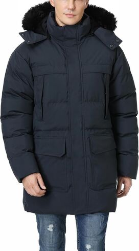Pooluly Men's Winter Coat with Detachable Hood Heavyweight Long Down Jacket Warm Puffer Parka Jacket in Kuwait