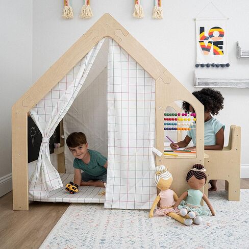 Avenlur Flair Montessori Style Wooden 5 in 1 Indoor Playhouse Play Tent with Desk Table, Chair, Chalkboard, Floor Cushion and Curtain Shades for Babies, Toddlers, Kids Ages 1-8yrs (Large, Balloons) in Saudi Arabia
