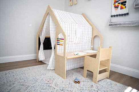 Avenlur Flair Montessori Style Wooden 5 in 1 Indoor Playhouse Play Tent with Desk Table, Chair, Chalkboard, Floor Cushion and Curtain Shades for Babies, Toddlers, Kids Ages 1-8yrs (Large, Balloons) in Saudi Arabia