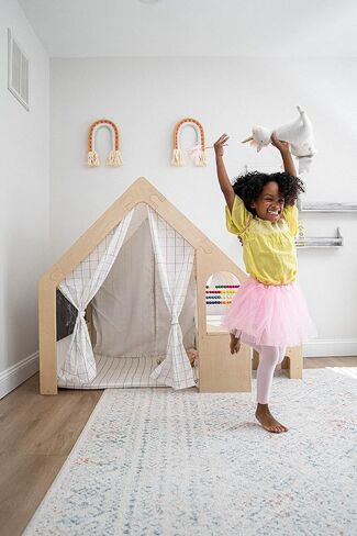 Avenlur Flair Montessori Style Wooden 5 in 1 Indoor Playhouse Play Tent with Desk Table, Chair, Chalkboard, Floor Cushion and Curtain Shades for Babies, Toddlers, Kids Ages 1-8yrs (Large, Balloons) in Saudi Arabia