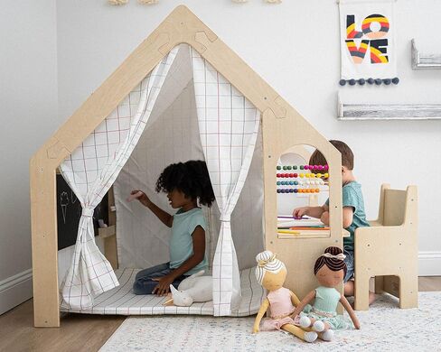 Avenlur Flair Montessori Style Wooden 5 in 1 Indoor Playhouse Play Tent with Desk Table, Chair, Chalkboard, Floor Cushion and Curtain Shades for Babies, Toddlers, Kids Ages 1-8yrs (Large, Balloons) in Saudi Arabia