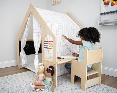 Avenlur Flair Montessori Style Wooden 5 in 1 Indoor Playhouse Play Tent with Desk Table, Chair, Chalkboard, Floor Cushion and Curtain Shades for Babies, Toddlers, Kids Ages 1-8yrs (Large, Balloons) in Saudi Arabia