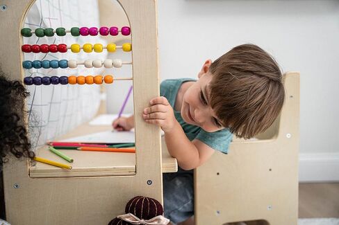 Avenlur Flair Montessori Style Wooden 5 in 1 Indoor Playhouse Play Tent with Desk Table, Chair, Chalkboard, Floor Cushion and Curtain Shades for Babies, Toddlers, Kids Ages 1-8yrs (Large, Balloons) in Saudi Arabia