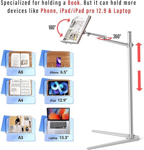 Height Adjustable Floor Book Stand with Wood Platform,Laptop Stand Compatible with MacBook/iPad/Tablet/Phone-Black in Saudi Arabia