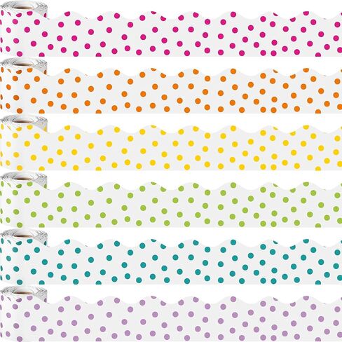 TaoBary 6 Rolls 196.8 ft Colorful Polka Dot Bulletin Board Borders Multicolor Scalloped Border Trim Painted Dots Classroom Bulletin Border Decoration for Back to School Party Decor(Rainbow Color) in Kuwait