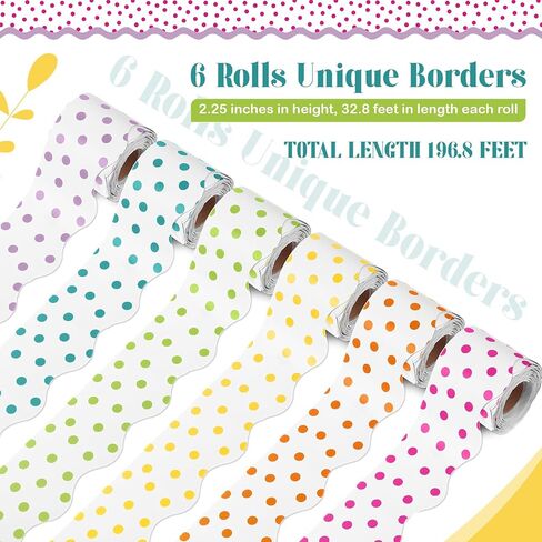 TaoBary 6 Rolls 196.8 ft Colorful Polka Dot Bulletin Board Borders Multicolor Scalloped Border Trim Painted Dots Classroom Bulletin Border Decoration for Back to School Party Decor(Rainbow Color) in Kuwait