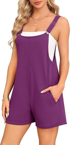 Askyes Womens Rompers for Summer Cotton Casual Sleeveless Bib Short Overalls Loose Adjustable Jumpsuit with Pockets 2024 in Saudi Arabia