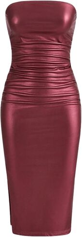 SOLY HUX Sexy Faux Leather Dress for Women Bodycon Dresses Strapless Leather Tube Dress Midi Long Party Club Dress in Saudi Arabia