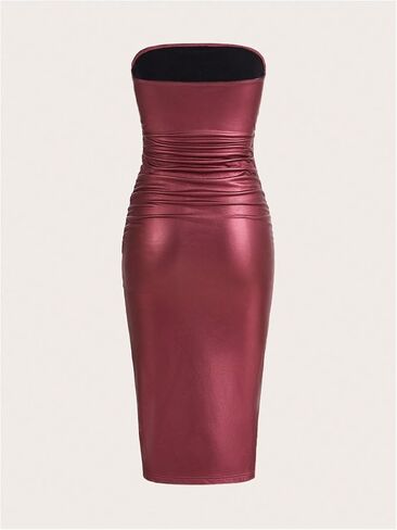 SOLY HUX Sexy Faux Leather Dress for Women Bodycon Dresses Strapless Leather Tube Dress Midi Long Party Club Dress in Saudi Arabia