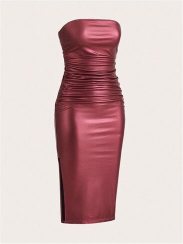 SOLY HUX Sexy Faux Leather Dress for Women Bodycon Dresses Strapless Leather Tube Dress Midi Long Party Club Dress in Saudi Arabia