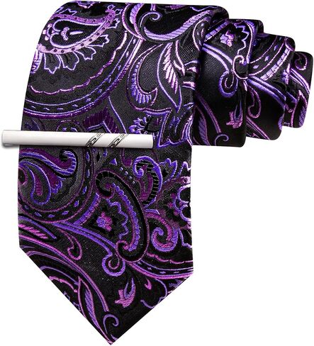Barry.Wang Paisley/Floral Men Necktie with Tie Clip Silk Tie Formal Wedding Party Business in Kuwait
